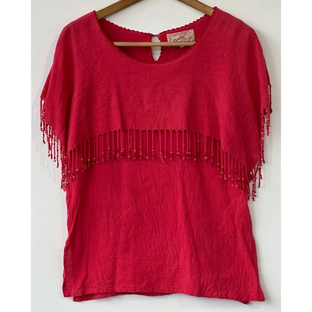 Izcalli BOHO Beaded Fringe Western Chic Mexican Womens Small Red Excellent